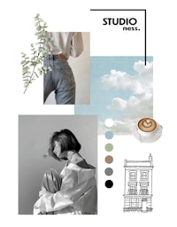 a collage with a woman in jeans and a coffee cup